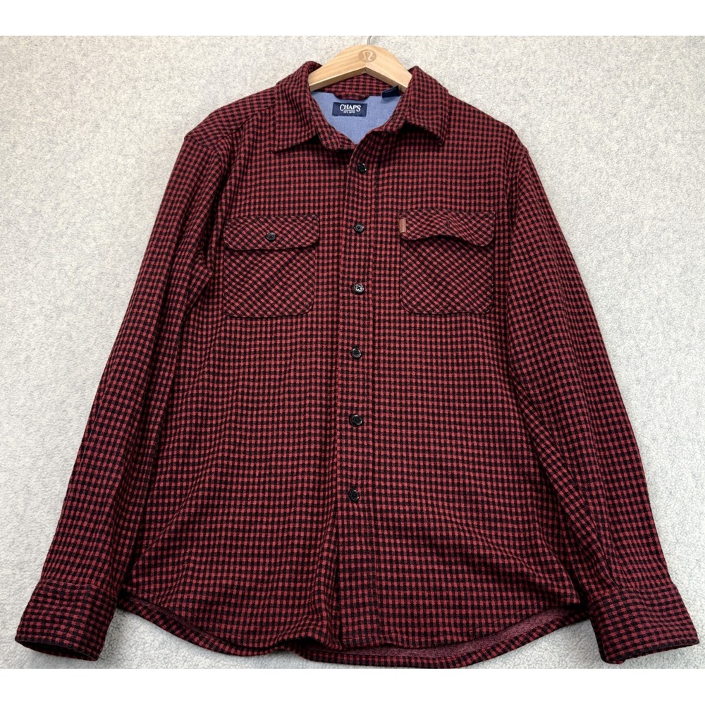 Chaps Mens Flannel Button Up Shirt Maroon Red Long Sleeve Plaid Chest Pockets M